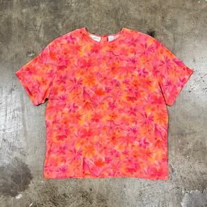 Vintage Pink & Orange Floral Watercolor Silk Liz Claiborne Blouse